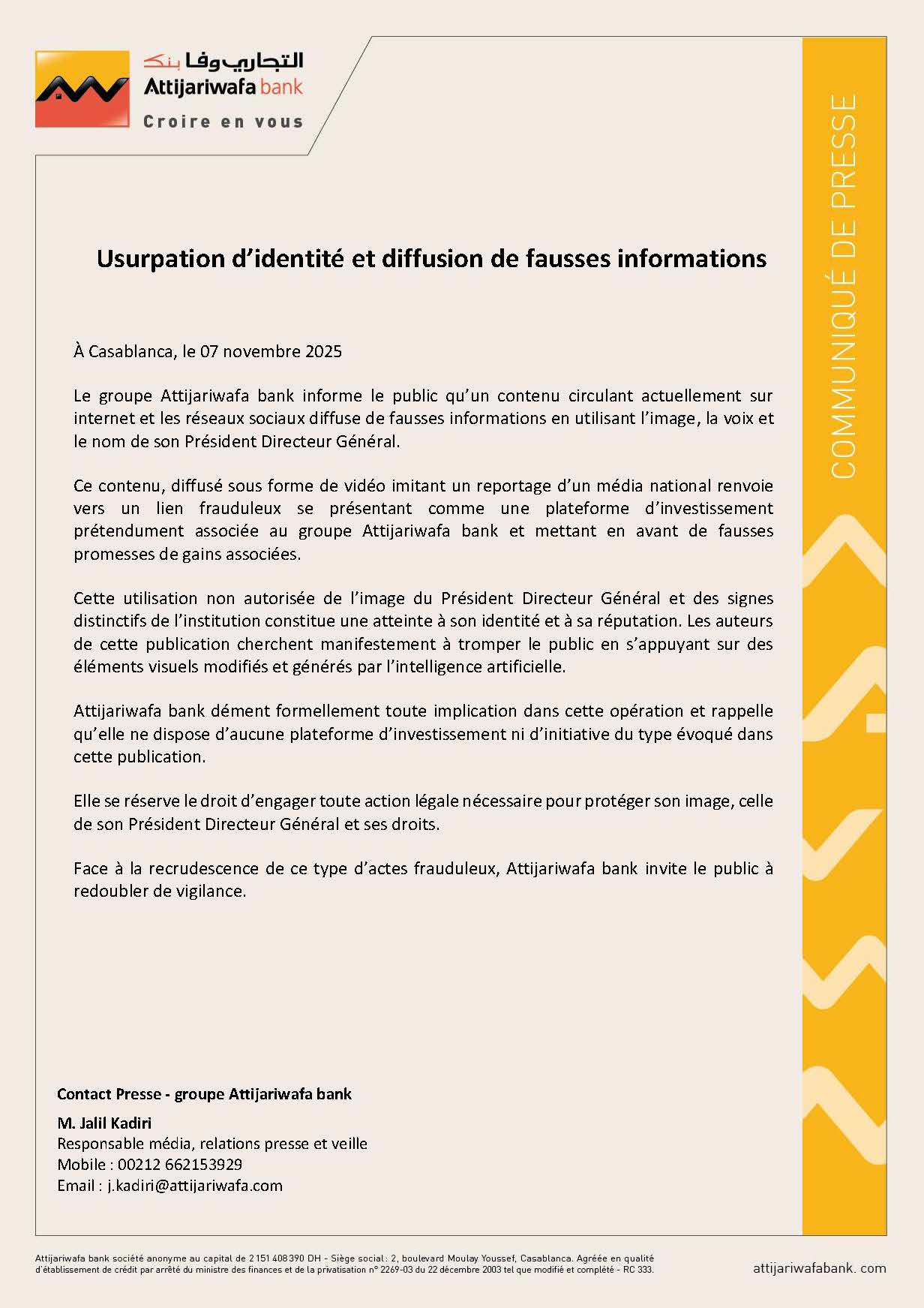 URGENT. Usurpation d’identité, Attijariwafa Bank met en garde !